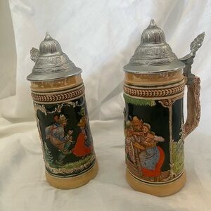 Pair of Vintage Beer Steins with Pewter Lid Old German 1960”s